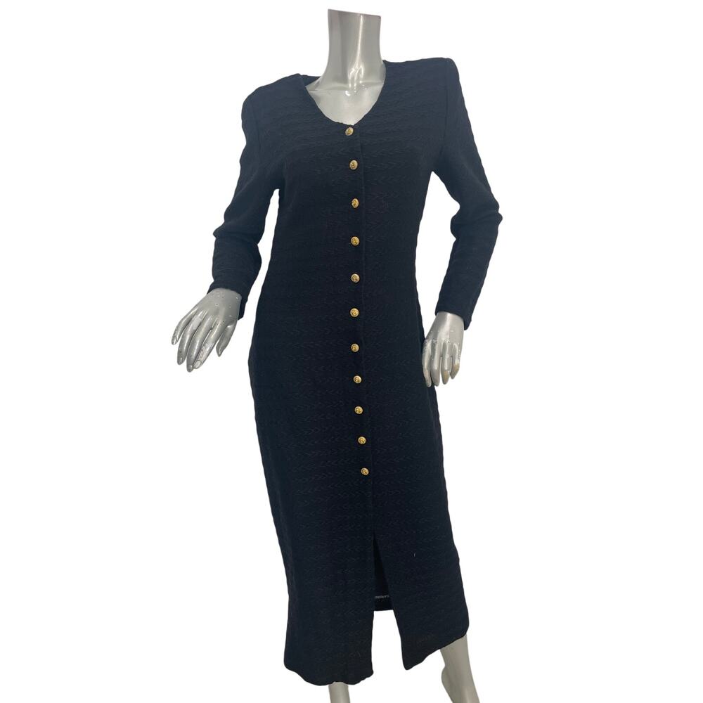 Yes brand vintage 80s button-down textured knit long sleeve black midi dress